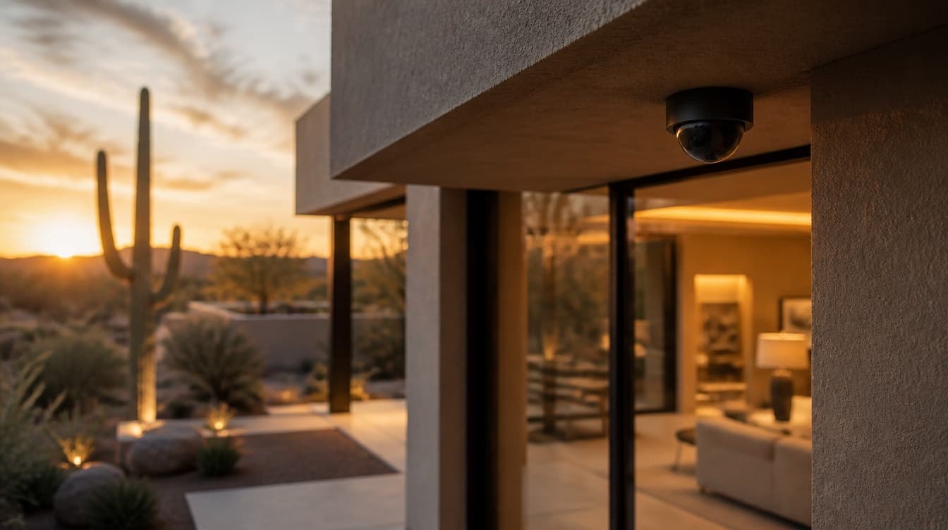 A discreet dome camera under the eave of a desert home at dusk, the lit living room behind the glass